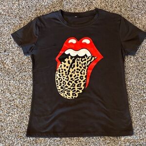 Amazon Black Tee with Red Lips and Leopard Tongue